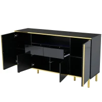 Credenza Moderna Elegante Lucida con 2 Cassetti e 4 Ante, Struttura in LED e Dettagli Dorati, 150x40x80 cm per Soggiorno e Cucina, Nero(m-6)