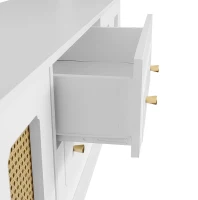 Mobiletto Porta TV in Stile Retro con Maniglie Dorate, Porte in Rattan e Gambe in Metallo, Ampio Spazio di Stoccaggio, 175x38x55,5 cm, Bianco(m-7)