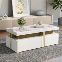 Măsuță de Cafea Modernă Dreptunghiulară cu Blat din PVC Efect Marmură și 2 Sertare din Lemn, 100x50x40 cm, Albă(m-5)