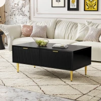 Tavolino Basso Elegante con Decorazioni Dorate, 2 Cassetti e Design a Righe Verticali, 100x50x40 cm - Tavolino da Salotto Moderno, Nero+Oro(m-1)