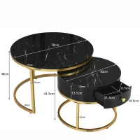 Set di 2 Tavolini da Salotto Moderni Annidati con Effetto Marmo Lucido, Struttura in Metallo, 70x70x48 cm e 50x50x43,5 cm, Nero(m-3)
