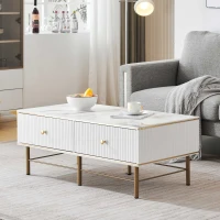 Tavolino da Salotto Moderno in Marmo con 4 Cassetti, Design Rettangolare e Lucido, 105x55x42,5 cm, Bianco(m-1)