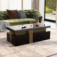 Tavolino da Salotto Moderno Rettangolare con Piano in PVC Effetto Marmo e 2 Cassetti in Legno, 100x50x40 cm, Nero(m-5)