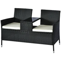 Outsunny 2 Seater Rattan Campanion Chair Wicker Loveseat Outdoor Patio Armchair with Drink Table Garden Furniture - Black(m-11)