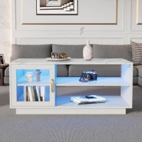 Tavolino da Salotto Moderno LED Luminoso con Telecomando, Superficie Lucida e Comparto Contenitore, 90x50x43 cm, Bianco(m-5)