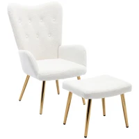 Poltrona Relax in Tessuto Teddy con Poggiapiedi, Design Ergonomico e Struttura in Metallo Dorato, 63x41.5x98 cm, Bianco(m-2)