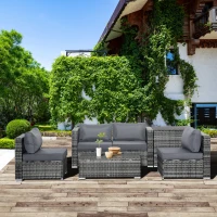 Outsunny 6PC Rattan Corner Sofa Set Wicker 4 Seater Garden Storage Coffee Table Conversation Ottoman Outdoor Weave Furniture w/ Cushion Grey(m-12)