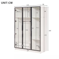 Armadio Spazioso con 3 Ante in Vetro, 1 Cassetto e 1 Asta Appendiabiti, Illuminazione LED Integrata, 110x50x160 cm, Bianco(m-3)