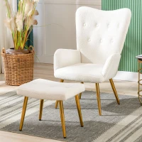Poltrona Relax in Tessuto Teddy con Poggiapiedi, Design Ergonomico e Struttura in Metallo Dorato, 63x41.5x98 cm, Bianco(m-1)
