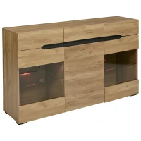 Bufet Modern cu LED pentru Living și Bucătărie, 3 Uși și 3 Sertare din PAL, Capacitate de Încărcare 50 kg, 140x35x80 cm, Stejar(m-1)