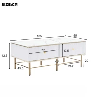 Tavolino da Salotto Moderno in Marmo con 4 Cassetti, Design Rettangolare e Lucido, 105x55x42,5 cm, Bianco(m-3)