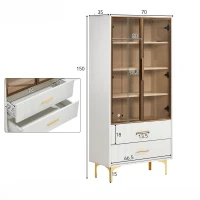 Vetrina Elegant in Vetro, con Gambe Dorate e Ripiani Regolabili, Illuminazione LED Multicolore, adatta per soggiorno, ufficio, 70x35x150 cm, Bianco(m-3)