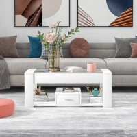 Tavolino da Salotto Moderno con Piano in Vetro, Scomparti Chiusi e Ampio Ripostiglio, 100x50x40 cm, Bianco(m-4)