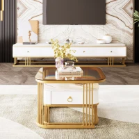 Set di Tavolini da Salotto Impilabili in Marmo Lucido e Vetro con Dettagli Dorati e Cassetti, 60x60x42,5 cm + 50x50x34 cm, Bianco(m-5)
