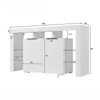 Comodă Modernă Luminoasă cu LED, 4 Rafturi din Sticlă și 2 Uși din Lemn, 140x40x80 cm pentru Living, Albă(m-3)