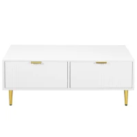 Tavolino da Salotto Moderno con 2 Cassetti e Design a Righe Verticali, 100x50x40 cm - Tavolino da Divano, Bianco+Oro(m-6)