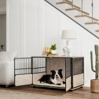 PawHut 100cm Furniture Style Dog Crate Dog Cage End Table Indoor with 3 Doors Soft Washable Cushion, for Large Sized Dogs(m-2)