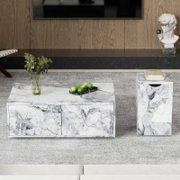 Set di Tavolini da Salotto Moderni in Marmo, Tavolo Grande con Cassetti e Tavolino con Spazio di Stoccaggio, 100x33,5x70 cm + 32x32x50 cm, Bianco(m-4)