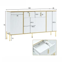 Credenza Elegante con Dettagli Dorati, Cassetti Silenziosi e Ripiani Regolabili, 140x35x76 cm - Perfetta per Cucina e Soggiorno, Bianco(m-3)