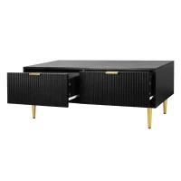 Tavolino Basso Elegante con Decorazioni Dorate, 2 Cassetti e Design a Righe Verticali, 100x50x40 cm - Tavolino da Salotto Moderno, Nero+Oro(m-9)