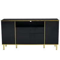 Credenza Moderna Elegante Lucida con 2 Cassetti e 4 Ante, Struttura in LED e Dettagli Dorati, 150x40x80 cm per Soggiorno e Cucina, Nero(m-2)