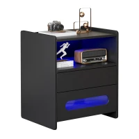 Set di 2 Comodini Moderni per Camera da Letto con Illuminazione LED e 2 Cassetti, Tavolini da Notte con Telecomando, Nero(m-9)