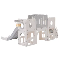 Scivolo Multifunzione 6-in-1 per Bambini con Rampa, Doppia Piattaforma, Armadietti, Canestro e Scala, in Polietilene ad Alta Densità, 174x150x95 cm - Scivolo da Giardino per Bambini, Grigio+Bianco(m-7)