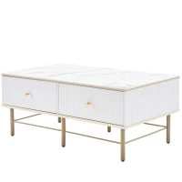 Tavolino da Salotto Moderno in Marmo con 4 Cassetti, Design Rettangolare e Lucido, 105x55x42,5 cm, Bianco(m-8)