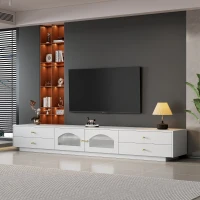 Mobiletto Porta TV Grande con 4 Cassetti e 2 Porte in Vetro, Sistema di Gestione dei Cavi, Supporto per TV fino a 90 Pollici, 220x40x33 cm, Bianco(m-4)