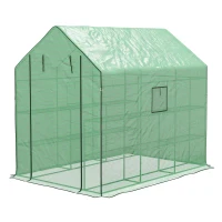 Outsunny Walk-in Greenhouse with 3 Tier Shelves, Outdoor Green House Garden Grow House with Reinforced PE Cover, Roll-up Door and Mesh Windows, 140 x 213 x 190cm, Green(m-11)