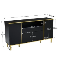 Credenza Moderna Elegante Lucida con 2 Cassetti e 4 Ante, Struttura in LED e Dettagli Dorati, 150x40x80 cm per Soggiorno e Cucina, Nero(m-3)