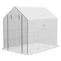 Outsunny Walk-in Greenhouse with 3 Tier Shelves, Outdoor Green House Garden Grow House with Reinforced PE Cover, Roll-up Door and Mesh Windows, 140 x 213 x 190cm, White(m-11)