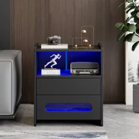 Set di 2 Comodini Moderni per Camera da Letto con Illuminazione LED e 2 Cassetti, Tavolini da Notte con Telecomando, Nero(m-4)