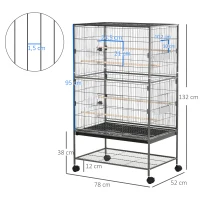 PawHut Gaiola para Pássaros com Rodas Bandeja Amovível 4 Portas 4 Comedouros e Prateleira de Armazenamento 78x52x132cm Cinza(m-3)