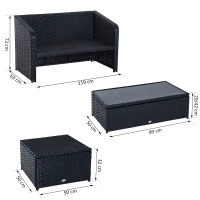 Outsunny 4-tlg. Polyrattan Gartenmöbel Sitzgruppe Gartenset Sofagarnitur Garnitur Lounge mit Kissen Schwarz 1 x Doppelsofa 1 x Couchtisch 2 x Hocker(m-3)