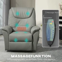 HOMCOM Fotel relaksacyjny z pomocą przy wstawaniu, masażem, ogrzewaniem, skóra ekologiczna, 93x95x106 cm, Jasnoszary(m-5)