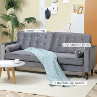 HOMCOM 3-Sitzer-Sofa im Retrodesign inkl. Kissen, Knopfheftung, Lattenrost, Samtoptik, Grau(m-5)