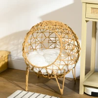 Pawhut Rattan Katzenkorb Katzenhöhle Katzenhütte Katzenbett mit Kissen erhöhtes Design Haustierbett Braun Ø45 x 57H cm(m-7)
