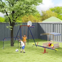 Outsunny Schommelset voor kinderen, voetbaldoel, basketbalring, voor 3 tot 8 jaar, stalen frame(m-8)