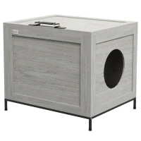PawHut Katzentoilette aus Holz, aufklappbares Dach, verstellbare Eingangstür, Hellgrau(m-10)