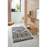 HOMCOM Hochflorteppich mit Fransen Beige-Schwarz 150 x 80 x 2,1 cm(m-2)