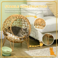 Pawhut Rattan Katzenkorb Katzenhöhle Katzenhütte Katzenbett mit Kissen erhöhtes Design Haustierbett Braun Ø45 x 57H cm(m-4)