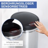 HOMCOM Sensor Mülleimer 50L Automatischer Mülleimer mit Soft-Close-Deckel, Bewegungssensor, Wasserdichter Abfalleimer Müllbehälter Abfallbehälter für Büro, Schlafzimmer, Küchen Schwarz+Silber(m-5)