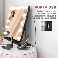 HOMCOM Espelho de Maquilhagem Estilo Hollywood com Luzes Espelho de Toucador Giratório com 14 Lâmpadas LED e Entrada USB 62,5x14x49,5 cm Preto(m-5)