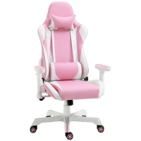 Vinsetto Gamingstuhl mit Kopfstütze Lendenkissen Bürostuhl höhenverstellbar Schaumstoff Kunstleder Nylon Rosa+Weiß 71 x 73 x 128-138 cm(m-10)