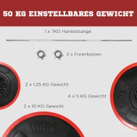 HOMCOM Langhantel, 50 kg, rutschfester Griff, 8 Hantelscheiben, gummierter Rand, Eisen, rot, 170 x 33 x 33cm(m-4)