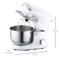 HOMCOM 1200 W elektrisches Handmixer-Set 2-in-1 5,5 L-Rührschüssel Handrührer mit Schneebesen Knethaken Rührbesen 6 Geschwindigkeiten + Impuls-Modus inklusive 304 Stahl Weiß 37 x 23 x 37 cm(m-3)