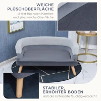 PawHut Hundesofa mit Rückenlehne, Haustiersofa mit Holzbeinen, Hundebett Weichem Bezug Katzensofa Grau 86,5x 61x36 cm(m-6)