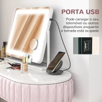 HOMCOM Espelho de Maquilhagem com Luzes 3 Modos de Iluminação Suporte para Telemóvel e Entrada USB  62,5x14x49,5 cm Branco(m-5)