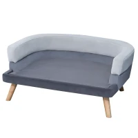 PawHut Hundesofa mit Rückenlehne, Haustiersofa mit Holzbeinen, Hundebett Weichem Bezug Katzensofa Grau 86,5x 61x36 cm(m-10)